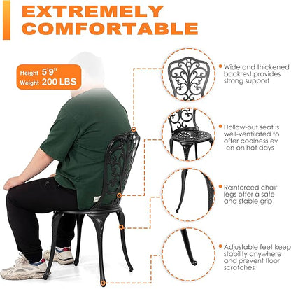 NUU GARDEN Bistro Set 3 Piece Outdoor All Weather Cast Aluminum Patio Bistro Set Patio Table and Chairs Set of 2 with Umbrella Hole and Gray Cushions for Backyard, Balcony, Lawn, Black