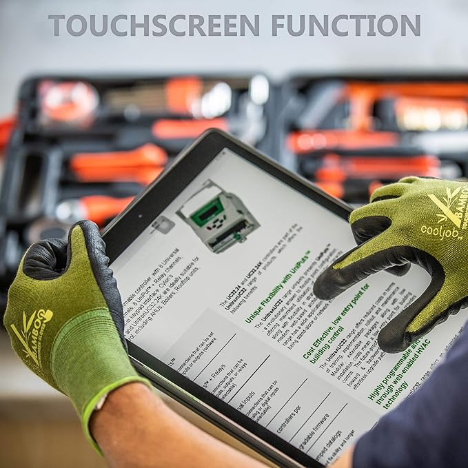 COOLJOB 2 Pairs Gardening Gloves for Women and Men, Bamboo Working Gloves Touchscreen, Grippy Nitrile Rubber Coated Work Gloves, Green/Black, Large Size (2 Pairs L)