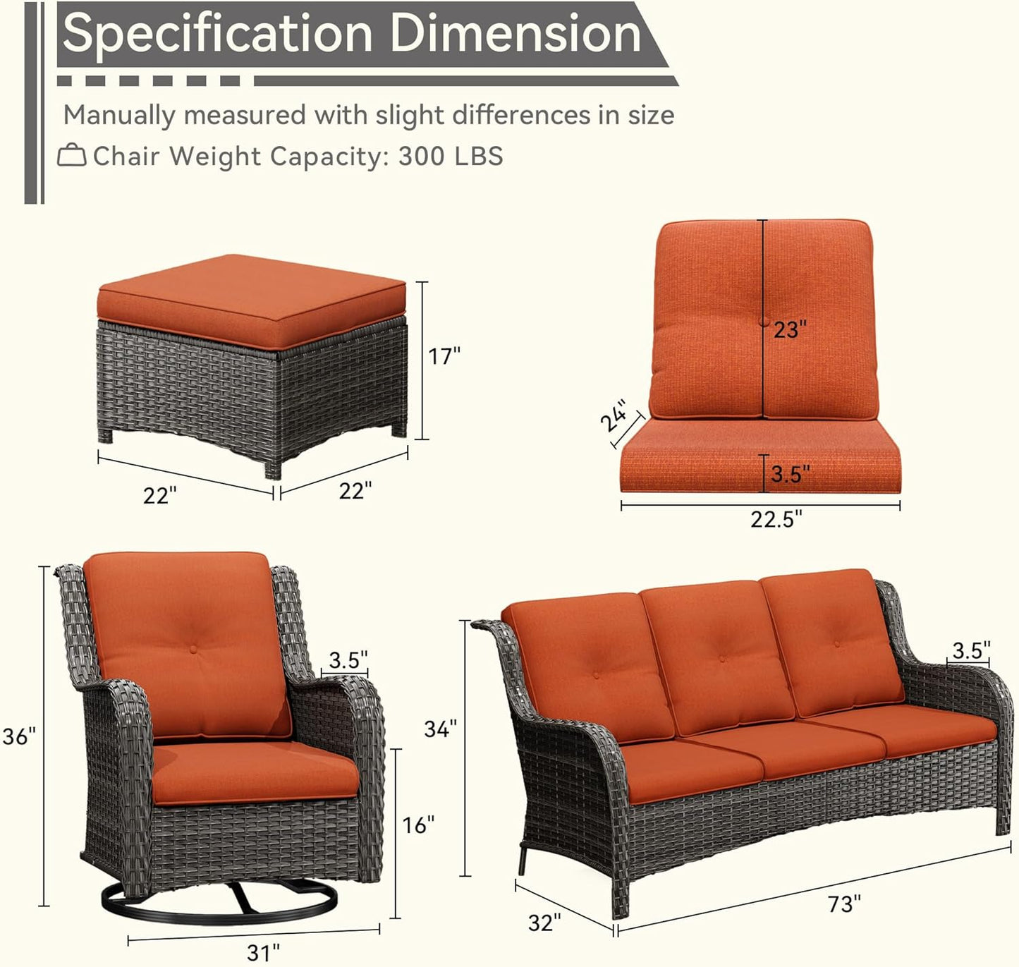 5 Pieces Outdoor Patio Furniture Set - Conversation Set Includes Wicker Swivel Rocker Chairs Set of 2, 2 Ottoman, 3-Seat Sofa, Suitable for Porch, Yard, Mixed Brown Rattan, Orange