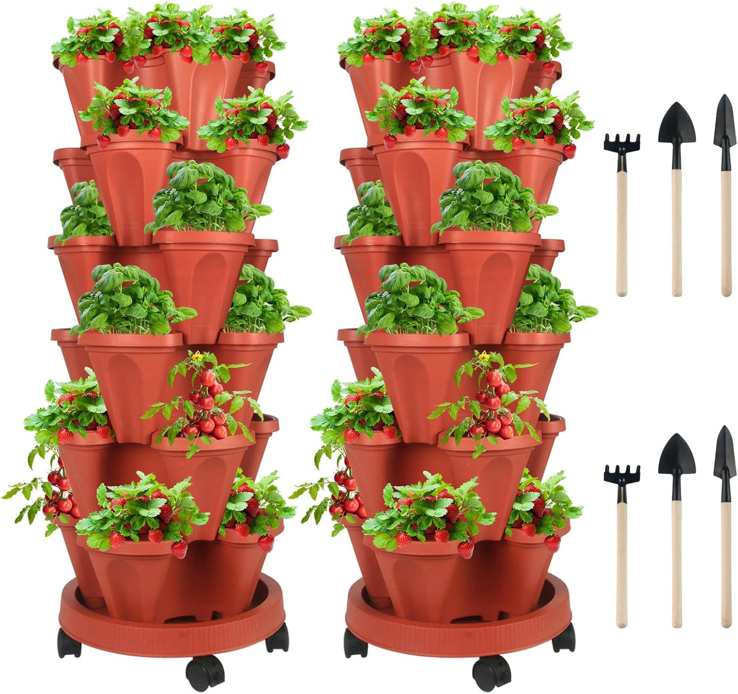 DUNCHATY Stackable Planters 6 Tier Vertical Garden Planting Tower Planters Strawberry, Herb, Flower, and Vegetable Planter Indoor Outdoor Gardening Pots with Removable Wheels and Tools, 2 Bundle