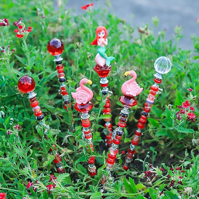 158 Pcs DIY Fairy Wand Garden Stakes Kit,Multiple Color Scheme European Beads Crystal Diamond Tops and 12 or 10 Inch Threaded Rods,Stainless Steel Stakes with Diamond Toppe (Red)