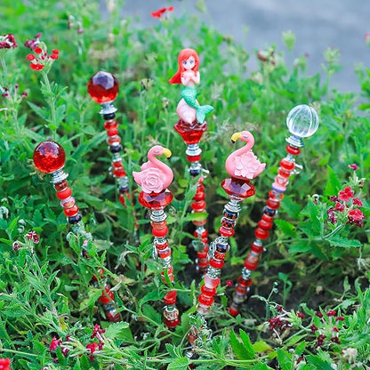 158 Pcs DIY Fairy Wand Garden Stakes Kit,Multiple Color Scheme European Beads Crystal Diamond Tops and 12 or 10 Inch Threaded Rods,Stainless Steel Stakes with Diamond Toppe (Red)