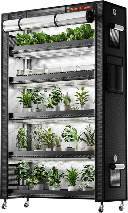 Spider Farmer 2025 Plant Stand with Grow Lights, 6-Tier Plant Shelf with 10Pcs 3ft Full Spectrum 220W Led Lamp and Grow Tent, for Veg Seed Starting Plants Growth Greenhouse 5000K 43Lx16Dx71H (Update)