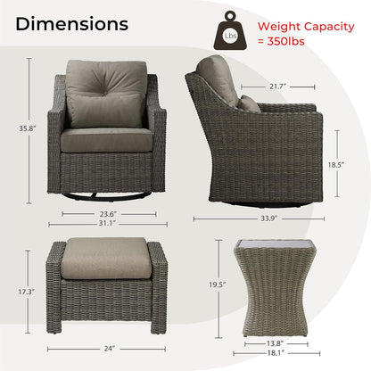 CHITA 5 Pieces Swivel Wicker Patio Furniture Set, Outdoor Conversation Set with 2 Pieces Rattan Rocking Swivel Chairs, 2 Pieces Ottomans, Thickened Cushions and Side Table