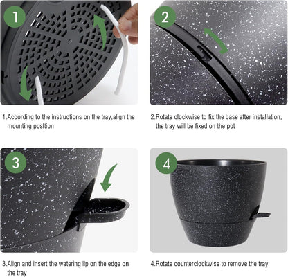 Large Self Watering Pots, 12/10/9 Plastic Planters with High Drainage Holes and Deep Reservoir for Indoor Outdoor Garden Plants and Flowers, Black Speckles