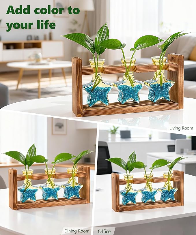 Nacome Star Glass Propagation Stations: Plant Terrarium with Wooden Stand Vase for Home Office Desk Decor, Unique Gifts for Plant Lovers Women Mom (Yellow)