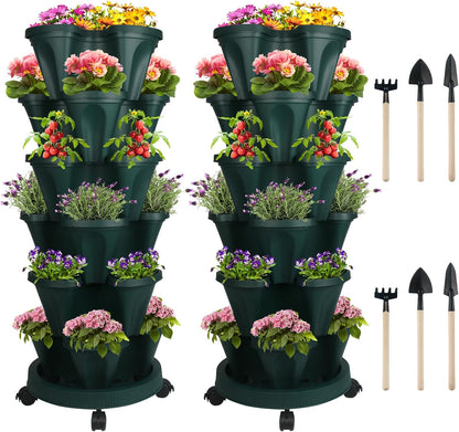 Vertical Planter 6 Tier Stackable Planters Garden Planters Strawberry Herb Flower and Vegetable Planter Indoor Outdoor Gardening Pots with Removable Wheels and Tools 2-Pack