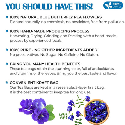 FreshDrinkUS, 100 Premium Butterfly Pea Flower Tea Bags – 100% Pure & Natural | Caffeine-Free Herbal Blue Tea | No Additives, Non-GMO, Made With Natural Material Tea Bag, No Sugar, No Caffeine, No Gluten, Vegan