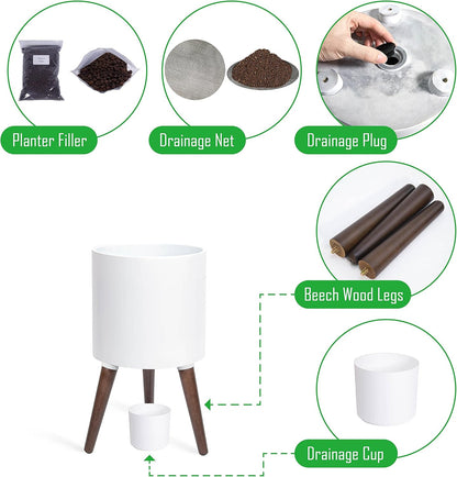 D'vine Dev 10 Inch Planter Pot with Stand, Mid-Century Tall Plant Pot with Legs for Indoor Plants, Medium, White, 88-O-B-1