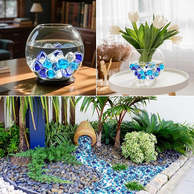 Skyflame 10-Pound Blended Fire Glass Diamonds for Fire Pit Fireplace Landscaping, 1/2 Inch Cobalt Blue, Crystal Ice, Caribbean Blue Luster