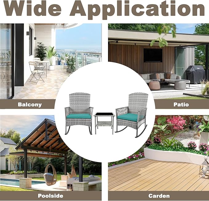 DECMICO Outdoor Rattan Wicker Rocking Chair, 3 Pieces Patio Conversation Furniture Bistro Sets with Side Table and Cushions for Porch Garden and Balcony
