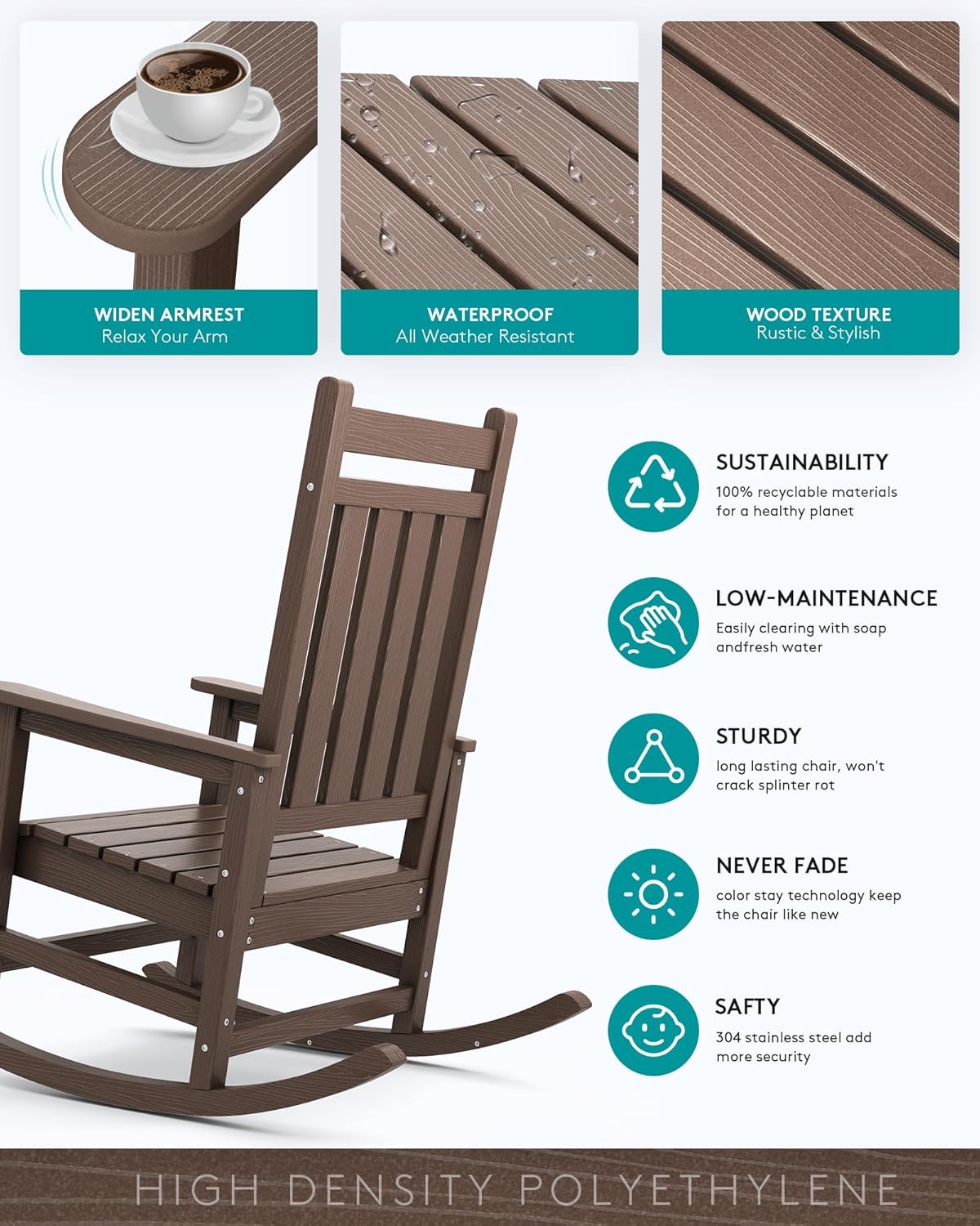 SERWALL Outdoor Rocking Chair Set of 4, HDPE Rocking Chairs for Adult, All Weather Porch Rockers for Lawn Garden, Brown
