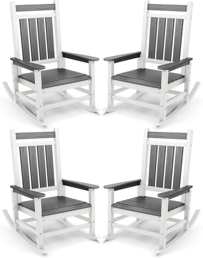 SERWALL Outdoor Rocking Chair Set of 4, HDPE Rocking Chairs for Adult, All Weather Porch Rockers for Lawn Garden, Gray & White