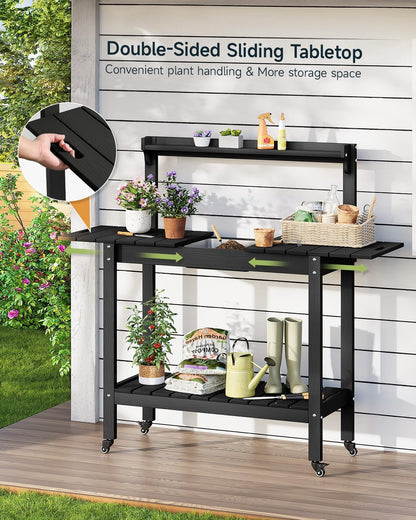 HDPS Outdoor Potting Bench with Sliding Tabletop/ 4 Wheels/Removable Sink, All-Weather Outside Garden Work Table, No Rust/Fade/Break, Potting Station for Porch, Patio & Backyard (Black)