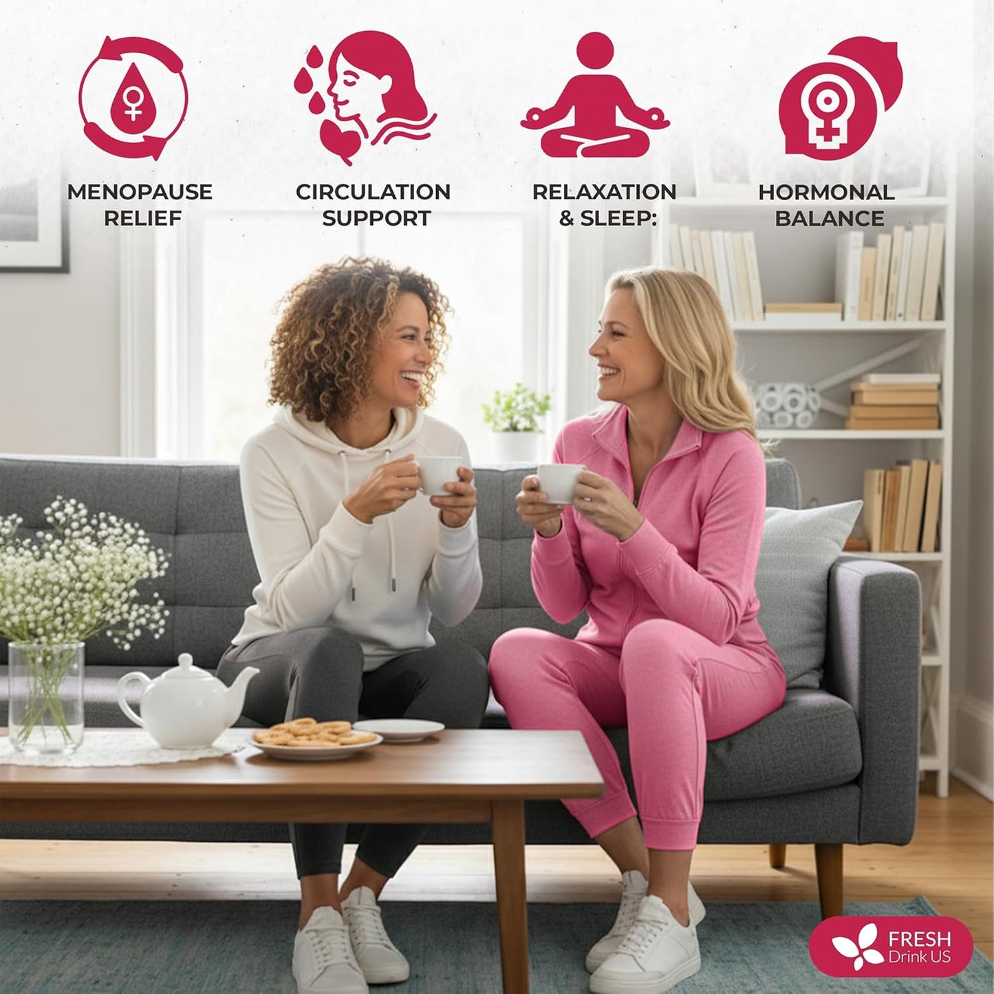 FreshDrinkUS, 40 Tea Bags - Menopause Support Herbal Tea – Soothing Blend with Rhubarb, Hibiscus, Valerian, Passiflora, Ashwagandha, Fennel & Chamomile, Caffeine-Free, Vegan, Non-GMO