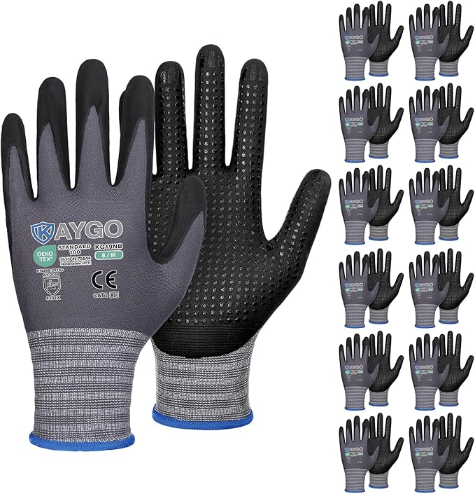 KAYGO MicroFoam Nitrile Coated Work Gloves, 12 Pairs KG19N Seamless Knit Nylon, Micro Dots for Enhanced Grip, Breathable and Durable, Ideal for Automotive, General Assembly, Painting, Gray, M