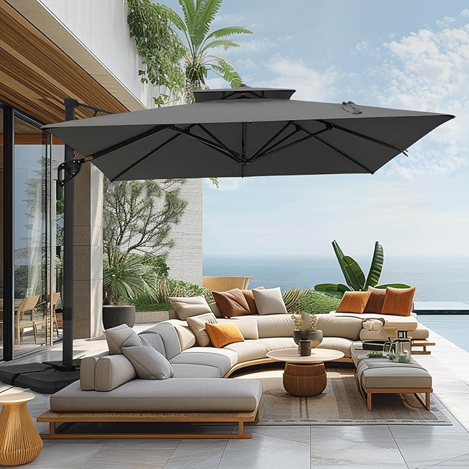 Sophia & William 12ft Cantilever Patio Umbrella with Base, Large Rectangular Umbrellas with 360-degree Rotation, Aluminum Pole for Garden Pool Backyard, Grey
