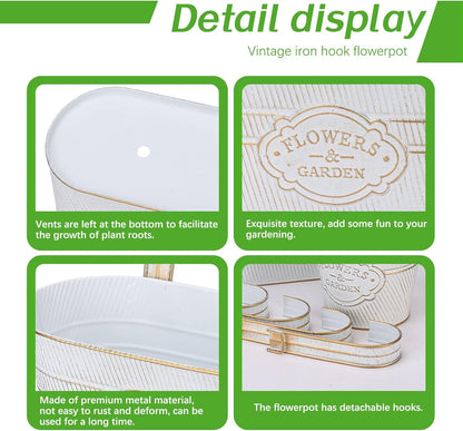 PerGar Vintage Metal Iron Wall Hanging Flower Pots, Rustic Planter Bucket Herb Flower Plant Holder with Detachable Hooks & Drainage Hole for Railing Fence Balcony Deck Garden Home Decoration, Set of 3