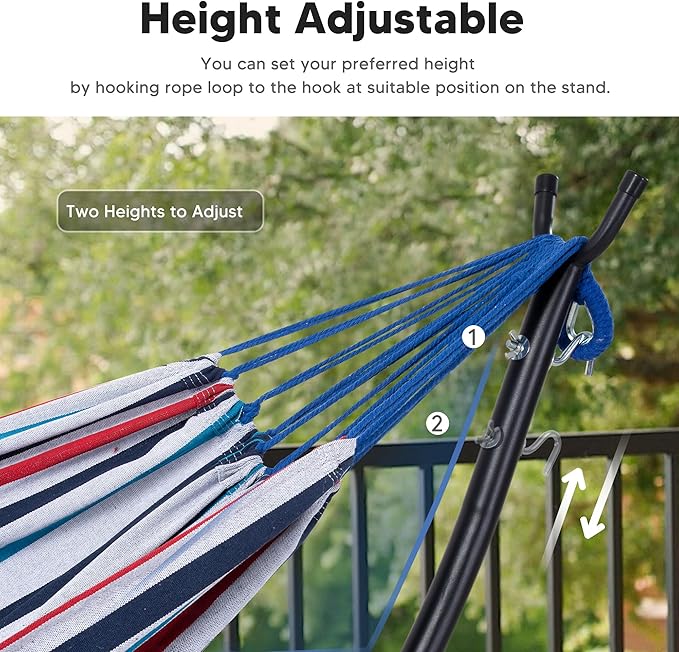 SUNCREAT Hammocks for Outside with Stand, Porch Hammock and Stand, 475 lbs Capacity, Blue & Red Stripes