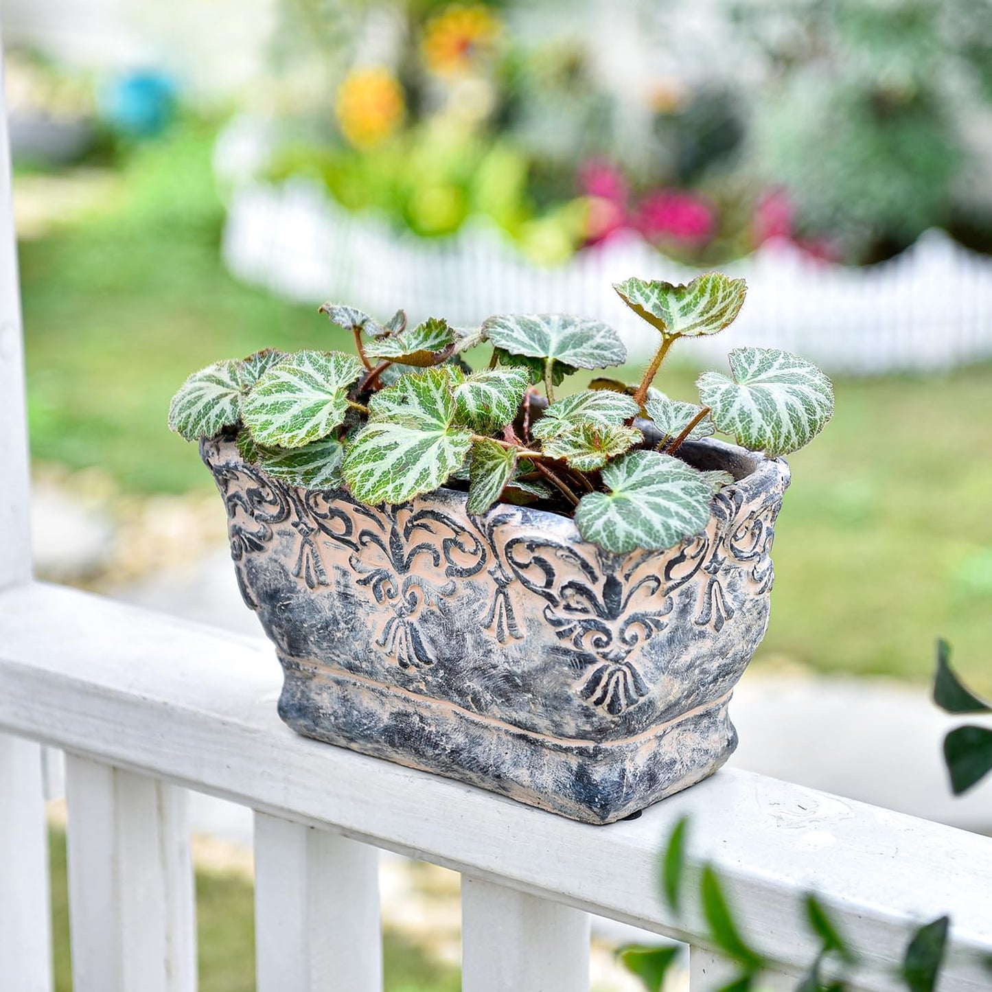 Sungmor 9.2 Inch Cement Plant Pot for Plants, Succulent Planter with Embossed Design, Vintage Concrete Flowerpots with Drainage Hole, Decorative Orchid Houseplant Pot Indoor Outdoor Plant Container