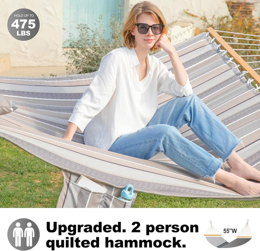 Double Quilted Fabric Tree Hammock with Spreader Bar, 14ft Hammocks 2 Person for Outside, Fits 12ft -14ft Hammock Stand, Pillow & Side Pockets & Carabiners, Max 475 lbs Capacity (Peace Dove)