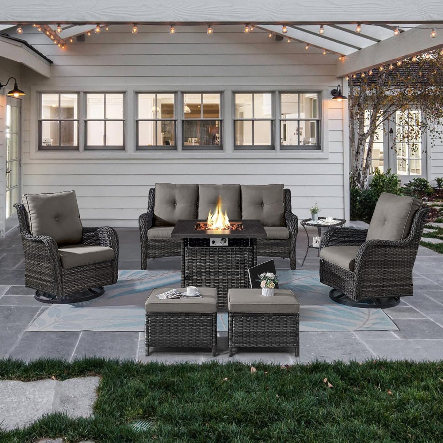 Outdoor Patio Furniture Set with Propane Fire Pit Table, 7 Pieces Wicker Patio Conversation Set with 2 Swivel Glider Rocker Chair Rattan Sofa Grey Cushion Perfect for Casual Gathering