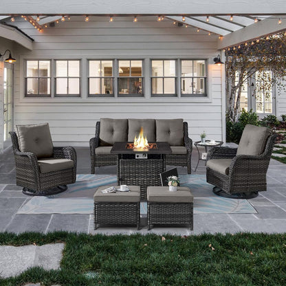 Outdoor Patio Furniture Set with Propane Fire Pit Table, 7 Pieces Wicker Patio Conversation Set with 2 Swivel Glider Rocker Chair Rattan Sofa Grey Cushion Perfect for Casual Gathering