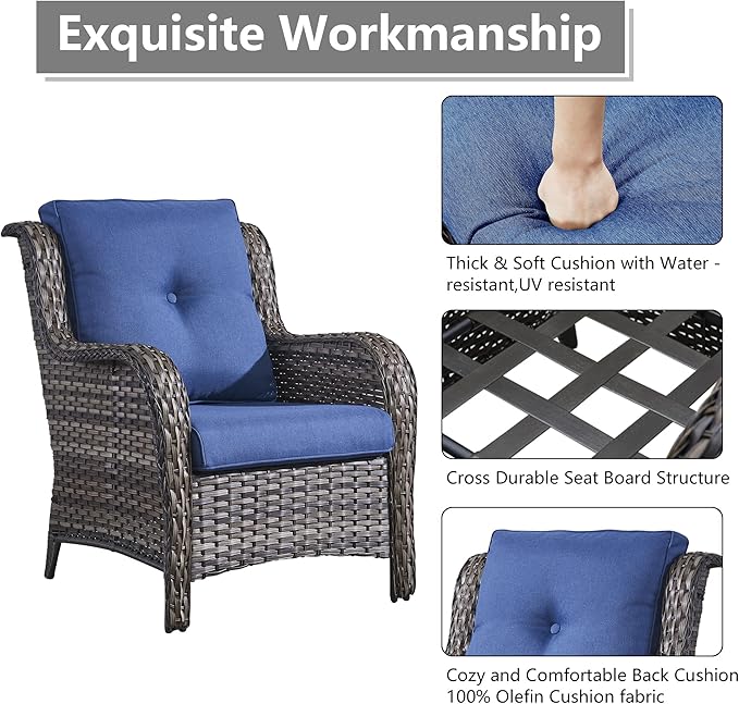 Rilyson Wicker Patio Furniture Set - 5 Piece Rattan Outdoor Sectional Conversation Sets with 2 Chairs,2 Ottomans and 1 Side Table for Porch Deck Garden(Mixed Grey/Blue)