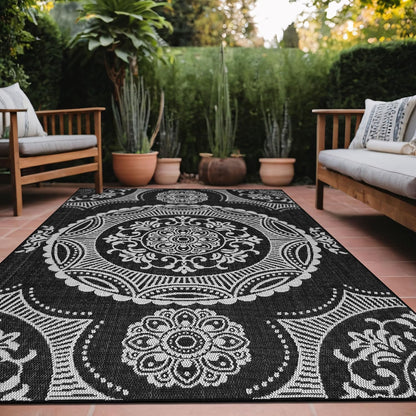 Medallion Outdoor Rug 6x9 Washable Outside Carpet for Indoor Patio Porch Waterproof Easy Cleaning Non Shedding Area Rugs Black 6 x 9