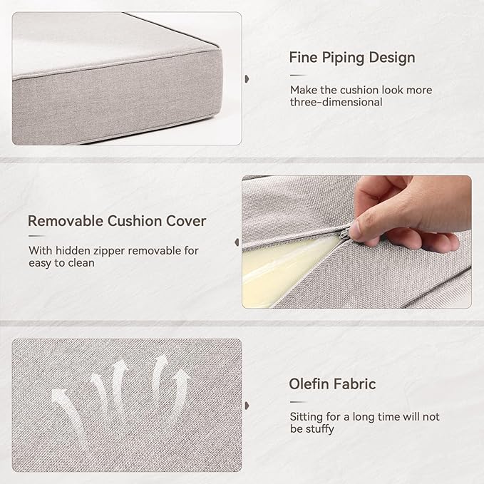 Luxury 6" Outdoor Cushions for Patio Furniture, 24x24x6" Thick Seat Cushion Set of 3, Fade Resistant Couch Chair Replacement Cushions High Density Deep Wicker Chair Cushion w/ Removable Cover, Beige