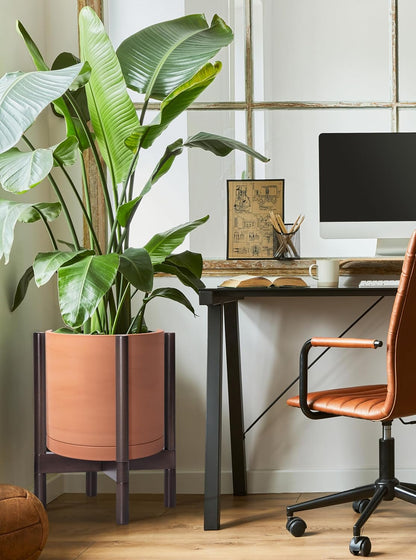 D'vine Dev Terracotta Planter with Walnut Color Stand - 12 Inch Modern Round Flower Pot with Wood Planter Holder, Terracotta, 55-B-W-5