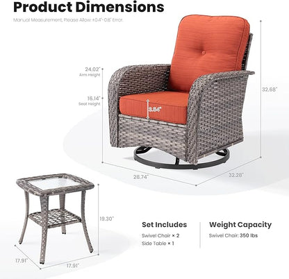 ovios 3 Pieces Patio Furniture Set, Outdoor Rocking Chairs of 2, Wicker Swivel Glider Chairs with Side Table Thick Cushions, All Weather Rattan Bistro Set for Porch, Orange Red