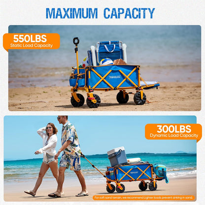49" L Extra Long Beach Wagon with Tailgate,Big Wheels with Brake for Sand, Collapsible Utility Beach Cart Heavy Duty Folding Wagon,Ideal for Outdoor Sand Camping Garden Pet