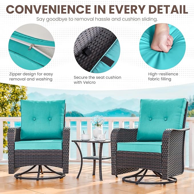 Gotland Outdoor Swivel Chairs Set of 2, 3 Pieces Patio Furniture Set with Thick Cushion, Wicker Rocking Patio Chairs Set of 2, Patio Bistro Set with Double-Layer Coffee Table for Balcony Porch Blue