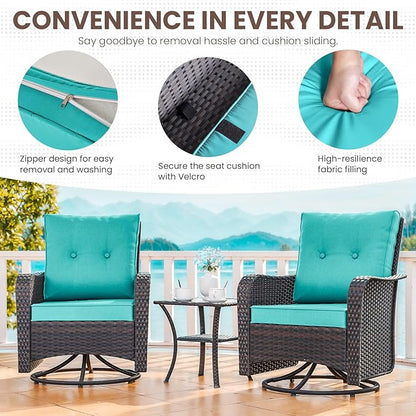 Gotland Outdoor Swivel Chairs Set of 2, 3 Pieces Patio Furniture Set with Thick Cushion, Wicker Rocking Patio Chairs Set of 2, Patio Bistro Set with Double-Layer Coffee Table for Balcony Porch Blue