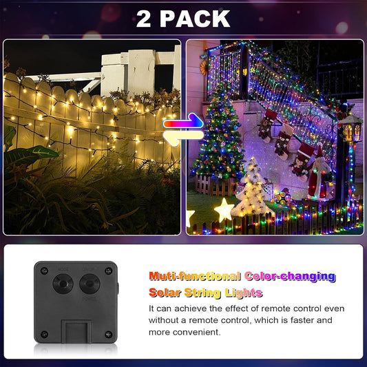 2 Pack 200 LED Solar String Lights, 8 Modes Solar Lights for Outside, Waterproof and Solar Powered Outdoor String Lights for Holiday Christmas Yard Garden Tree Wedding Party (2 Color Changing)
