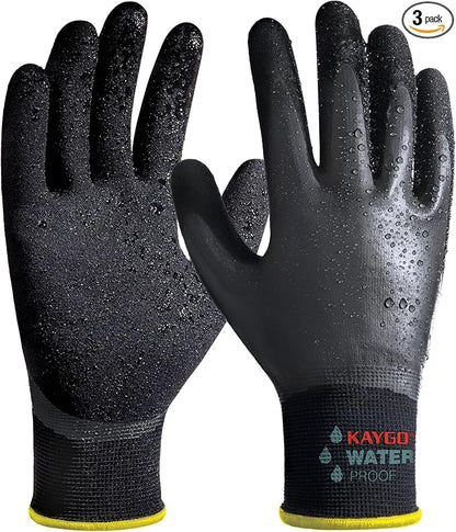 KAYGO Waterproof Work Gloves for Men and Women, Rubber Coated Non-slip Working Gloves for Garden, Outdoor Construction,3 pairs,Black,L