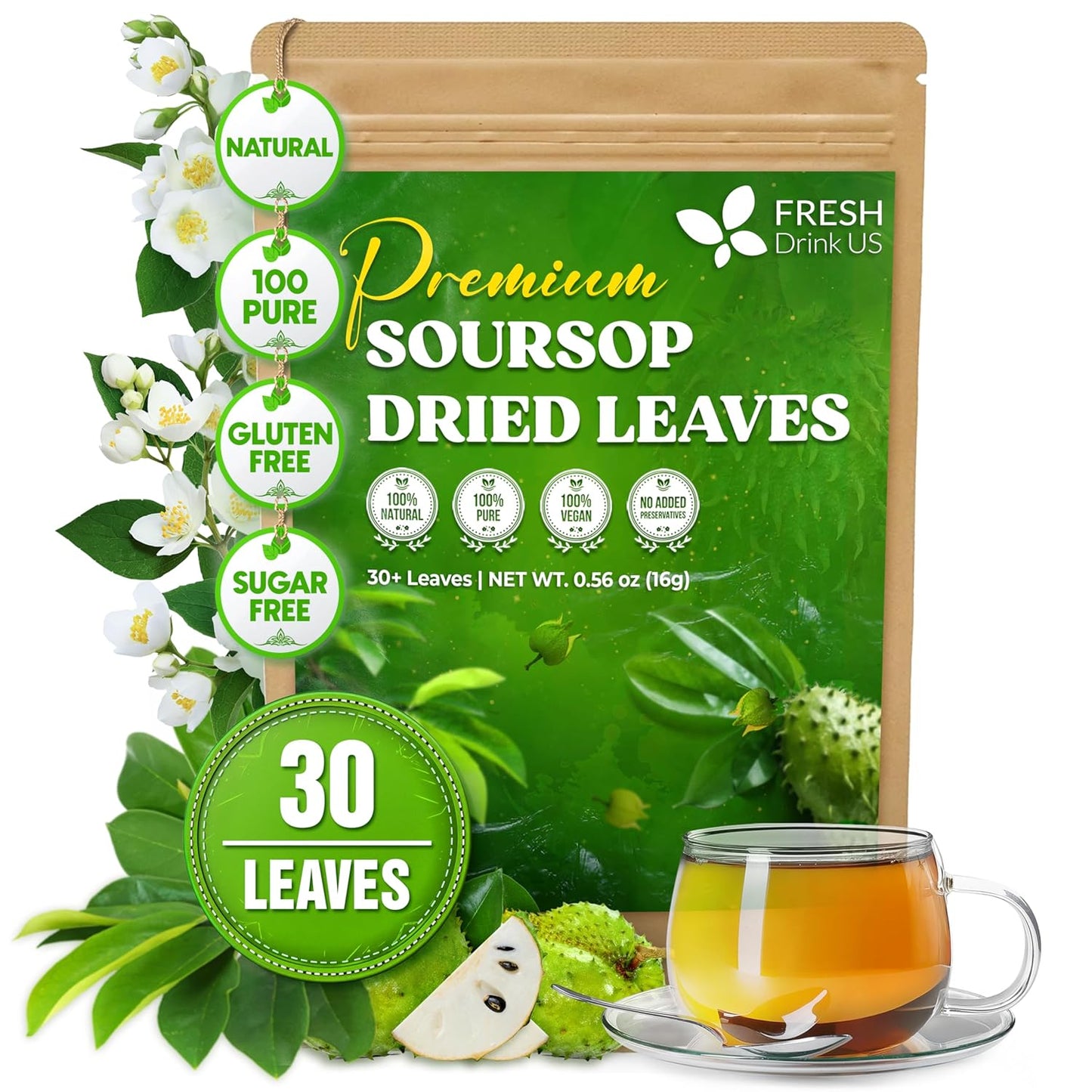 FreshDrinkUS, Premium 30+ Soursop Graviola Dried Leaves, Natural Whole Soursop Leaves, Wildcrafted, Hoja Guanabana, Loose Leaf Herbal Tea, No Gluten, Vegan