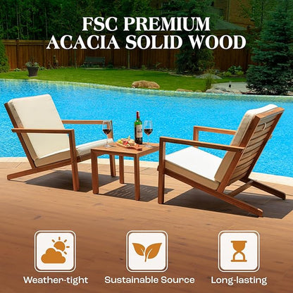 IDZO Natural 3-Piece Patio Bistro Sets with Foldable 400lbs Weight Chairs, a 220lbs Shelf Table, Made from FSC-Certified Acacia Wood, Featuring Washable Cushions and an Ergonomic Design
