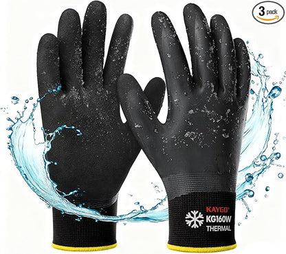 KAYGO Winter Waterproof Work Gloves for Men and Women, 3 Pairs Thermal Insulated Freezer Rubber Coated Gloves,Super Grip,KG160, XL, Black
