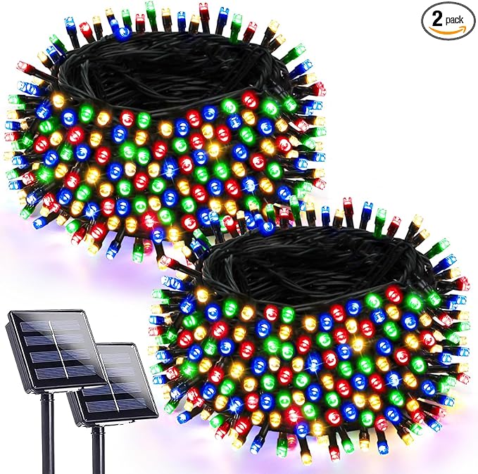 2 Pack Solar Christmas Lights Outdoor Waterproof, Super Bright 90FT 160 LED Solar String Lights, 8 Lighting Modes Green Wire Twinkle Fairy Lights for Xmas Garden Decorations (Multi-Colored)