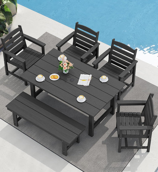 SERWALL Patio Dining Table and Bench Set for 6, Black