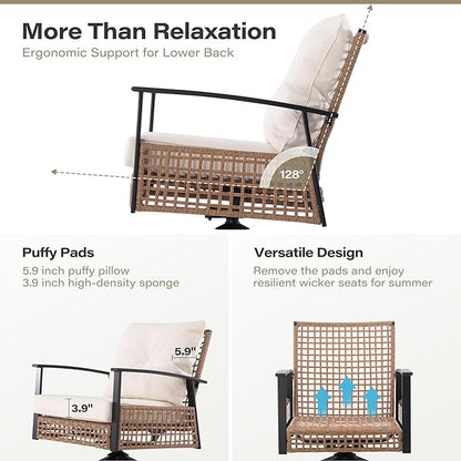 LAUSAINT Home 3 Pieces Rocking Bistro Set, Wicker Patio Bistro Set with 2 Rocking Chairs and 1 Coffee Table, Outdoor Swivel Rocker Patio Chairs with Thickened Cushions for Porch, Backyard (Beige)