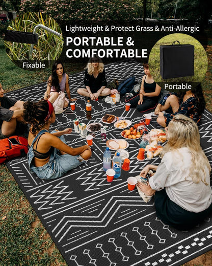 Outdoor Rug Carpet Waterproof 8x10 ft Patio Rug Mat Indoor Outdoor Area Rug for RV Camping Picnic Reversible Lightweight Plastic Straw Outside Rug for Patio Decor Decoration Boho Rug Black White