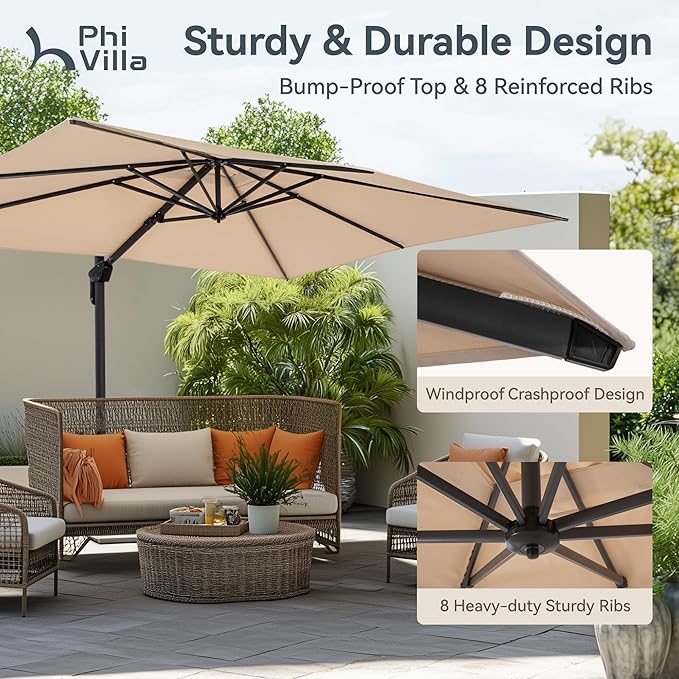 PHI VILLA 10ft Patio Umbrella with Base. 360° Rotation & 7-Level Tilt Outdoor Cantilever Umbrella with Easy Crank Handle. Square Offset Umbrella Heavy Duty for Garden Poolside Backyard (Beige)
