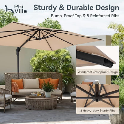 PHI VILLA 10ft Patio Umbrella with Base. 360° Rotation & 7-Level Tilt Outdoor Cantilever Umbrella with Easy Crank Handle. Square Offset Umbrella Heavy Duty for Garden Poolside Backyard (Beige)