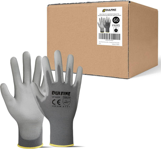 DULFINE Safety Work Gloves for Men PU Coated 60 Pairs Bulk Pack,Grey Seamless Knit Glove with thin Polyurethane Coated Smooth Grip on Palm & Fingers,Ideal for General Duty Work (Extra Large)