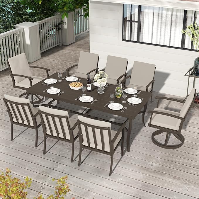 HAPPATIO Aluminum 9 Piece Patio Dining Sets, Outdoor Dining Set for 8, Patio Furniture Sets, 2 Swivel Dining Chairs, 6 Dining Chairs, Aluminum Furniture Set for Patio, Yard (Black)