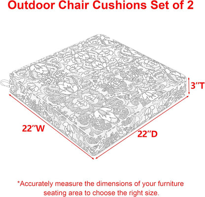 Favoyard Outdoor Chair Cushion 22 x 22 x 3 In Waterproof Pattern Fade Resistant Cushions for Patio Furniture with Removable Cover Attach Straps 28D Foam Insert Cushions Pads for Seat Sofa Couch 2 Pack