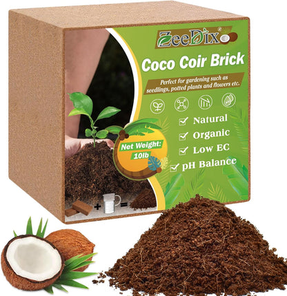 ZeeDix 10LB Premium Coconut Coir-Compressed Coco Coir Potting Soil Substrate-100% Organic Coco Coir Brick,High Expansion Coconut Fiber Coir Pith with Low EC and pH Balance for Plants Gardening Herbs